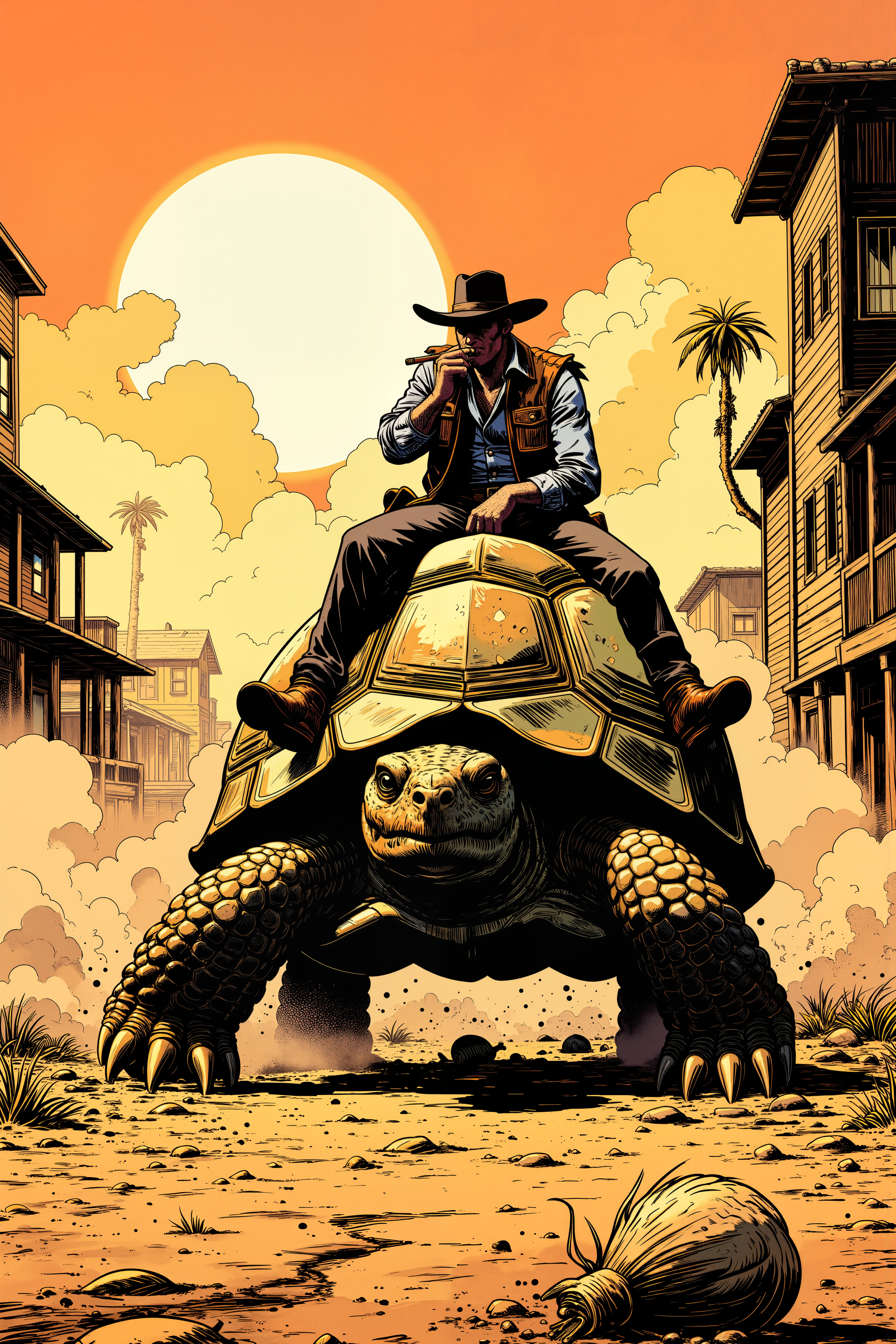 In the heart of a dusty, Wild West town, a lone cowboy slowly makes his way down the streetânot on a horse, but atop a massive, battle-worn tortoise, its ancient shell covered in bullet dents and bandoliers of ammunition. The tortoise chomps on a cigar as its massive feet crush the dry earth, kicking up a slow, lazy cloud of dust. The outlaw in the black hat, waiting for a duel at high noon, impatiently taps his boot as he watches the tortoise approach at an agonizingly slow pace. The sun hangs low in the sky, casting impossibly long shadows as a tumbleweed rolls past, seemingly moving faster than the cowboy himself.,meiman_style,This is a retro comic book style digital illustration,  <lora:meimanstylev2:0.4><lora:Vintage comic book:0.4><lora:RetroAnimeFluxV1:0.15><lora:Greg_Capullo_style:0.4><lora:jeanClaude_Mzires_Style_FLUX-000001:0.4><lora:Flux_Ink_Anime:0.4>