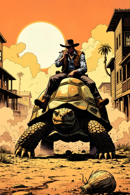 In the heart of a dusty, Wild West town, a lone cowboy slowly makes his way down the streetânot on a horse, but atop a massive, battle-worn tortoise, its ancient shell covered in bullet dents and bandoliers of ammunition. The tortoise chomps on a cigar as its massive feet crush the dry earth, kicking up a slow, lazy cloud of dust. The outlaw in the black hat, waiting for a duel at high noon, impatiently taps his boot as he watches the tortoise approach at an agonizingly slow pace. The sun hangs low in the sky, casting impossibly long shadows as a tumbleweed rolls past, seemingly moving faster than the cowboy himself.,meiman_style,This is a retro comic book style digital illustration, <lora:meimanstylev2:0.4><lora:Vintage comic book:0.4><lora:RetroAnimeFluxV1:0.15><lora:Greg_Capullo_style:0.4><lora:jeanClaude_Mzires_Style_FLUX-000001:0.4><lora:Flux_Ink_Anime:0.4>