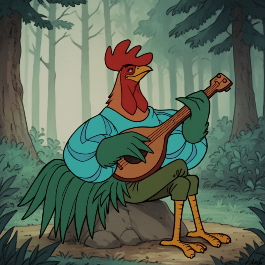 score_9, score_8_up, score_7_up, score_6_up, score_5_up, score_4_up, source_furry, Alan-A-DaleRH, semi-anthro, male, rooster, bird, feathers, green winged arms, striped shirt, puffy sleeves, green pants,  green tail, brown body, outside, sitting, on a rock, in a forest, solo, 1boy, holding guitar, red hair