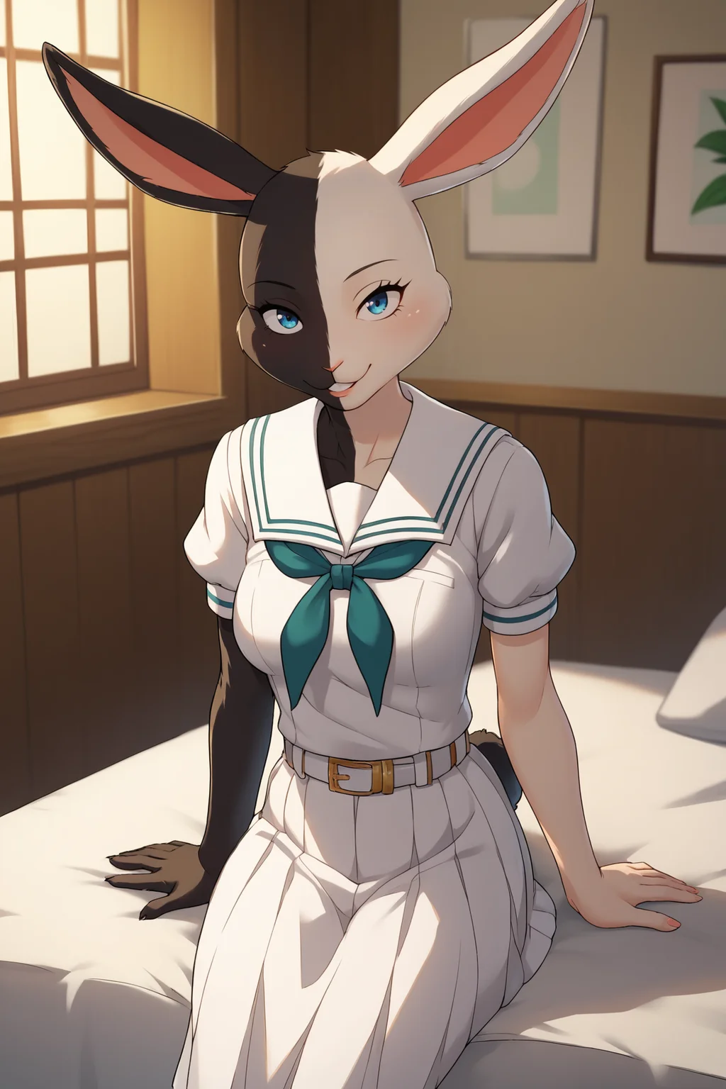 score_9, score_8_up, score_7_up, score_6_up, score_5_up, score_4_up, MizuchiBSXL, anthro furry, furry female, black fur, white fur, two-tone fur, half two-tone fur, blue eyes, animal ears, rabbit ears, rabbit tail, snout, medium breasts, serafuku, white sailor collar, green neckerchief, white shirt, puffy sleeves, short sleeves, belt, white skirt, solo, sitting, seductive smile, looking at viewer, indoors <lora:MizuchiBSXL:0.9>