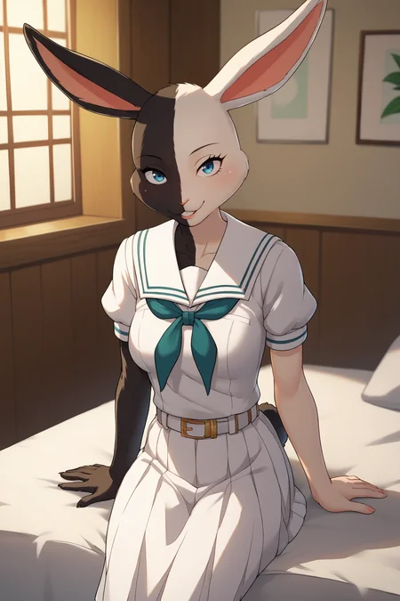 score_9, score_8_up, score_7_up, score_6_up, score_5_up, score_4_up, MizuchiBSXL, anthro furry, furry female, black fur, white fur, two-tone fur, half two-tone fur, blue eyes, animal ears, rabbit ears, rabbit tail, snout, medium breasts, serafuku, white sailor collar, green neckerchief, white shirt, puffy sleeves, short sleeves, belt, white skirt, solo, sitting, seductive smile, looking at viewer, indoors <lora:MizuchiBSXL:0.9>