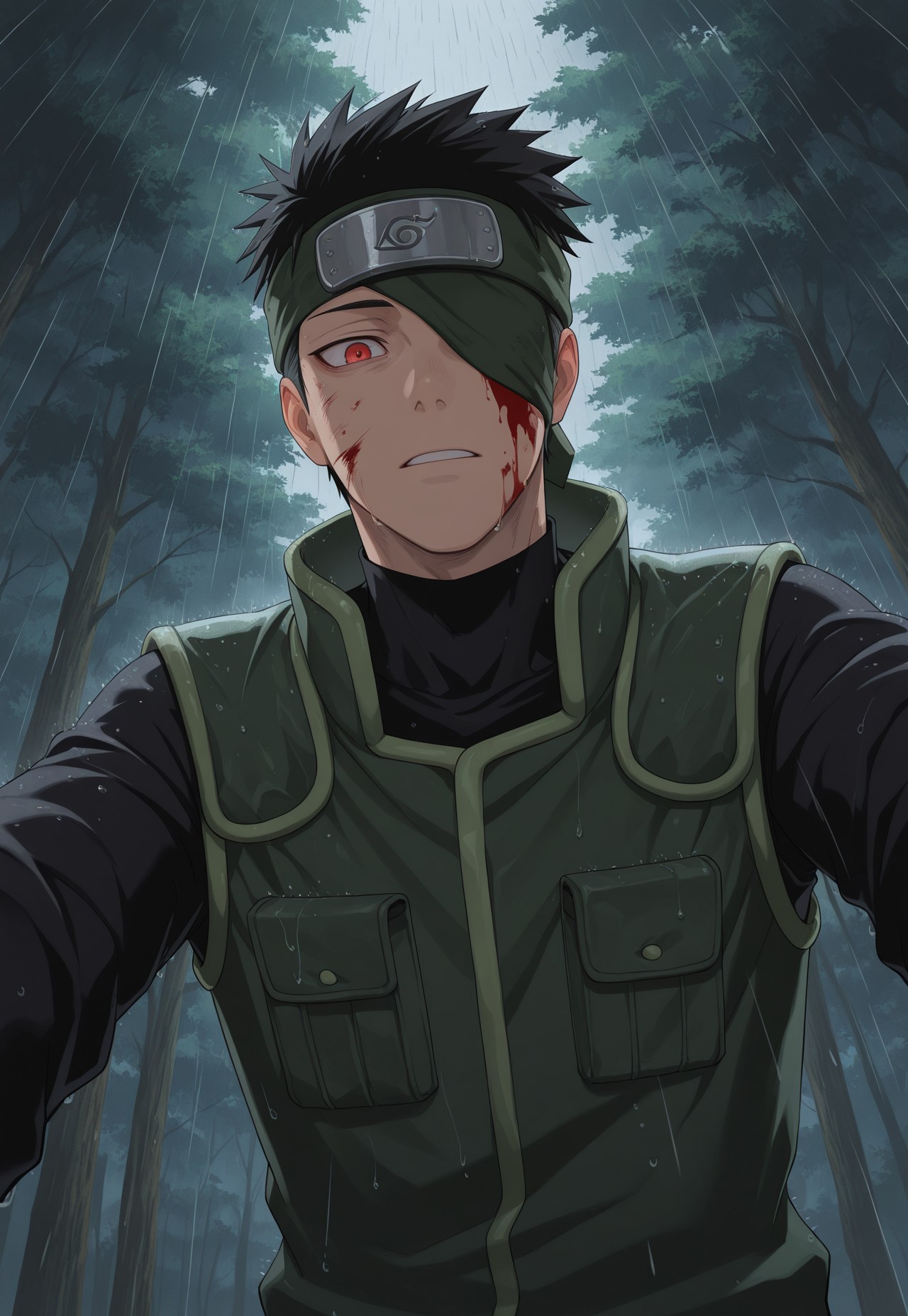 masterpiece, best quality, amazing quality, very aesthetic, absurdres, newest, naruTobi, 1boy, solo, konohagakure shinobi uniform, vest, undershirt, forehead protector, one eye covered, red eyes, (sharingan:1.2), black hair, short hair, upper body, forest, raining, blood on face, from below