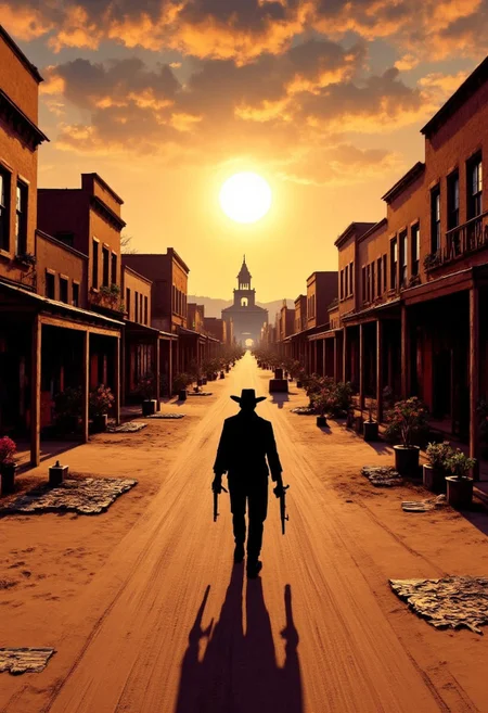 (High-quality, realistic, masterpiece), ultra resolution, cinematic lighting, exquisite details and textures. deep focus. light and shade contrast. vibrant colors. beautiful and aesthetic. (facing camera:5). (realistic handgun:5).(full body visible). wide shot.correct hands. correct holding objects.hand.
A solitary gunfighter, standing firmly in the center of an abandoned marketplace, surrounded by the ruins of a once bustling desert town. The architecture is characterized by sturdy adobe buildings with sun-baked walls and wooden beams, their surfaces bearing the marks of time. The cracked storefronts and faded signs.
The gunfighter stands amidst the dusty cobblestones, with sand particles swirling around their feet, stirred by a gentle breeze. The sun hangs low in the sky, casting long shadows that stretch across the landscape, creating a dramatic contrast between light and darkness. The shadows cast by the nearby structures are sad stories of the past, while the fading sunlight enhances the silhouette of the gunfighter, imbuing them with an air of mystery and resolve.
In the distance, against the backdrop of the horizon, the outline of a dilapidated bell tower stands. The warm hues of the setting sun cast a spell over the sky, transforming it into a canvas of amber and gold.