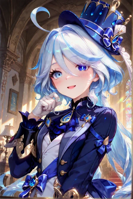 1girl, furina_(genshin impact), open mouth, blue jacket, hat bow, long sleeves, blue hat, top hat, blue gloves, hair intakes, looking at viewer, blush, solo, blue bow, white gloves, upper body, parted lips, smile, palace, indoors, dynamic angle, colorful, masterpiece, best quality, amazing quality