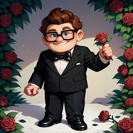 score_9, score_8_up, score_7_up, <lora:df-000008:0.9> ucarlyoun, 1boy, solo, glasses, (young), chubby, formal, black footwear, black bowtie, smile, looking at viewer, holding_rose,
