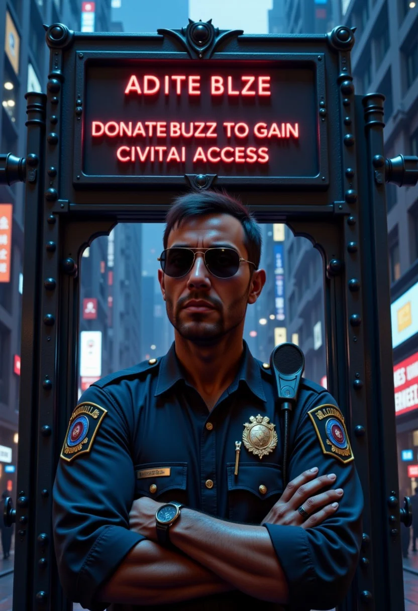 A stern-looking police officer stands in front of a high-tech security gate, blocking the entrance. The officer wears a dark blue uniform with a badge and sunglasses, arms crossed. Behind them, the futuristic gate glows red with a "ACCESS DENIED" sign flashing. A neon sign below it reads: "DONATE BUZZ TO GAIN CIVITAI ACCESS." The background has a cyberpunk cityscape with tall buildings, digital billboards, and a dark atmosphere. The scene has a serious yet slightly humorous tone, emphasizing exclusivity and the requirement to donate, re4lm