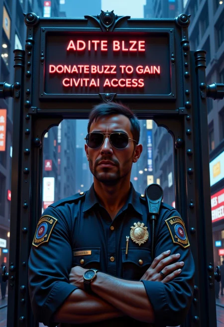 A stern-looking police officer stands in front of a high-tech security gate, blocking the entrance. The officer wears a dark blue uniform with a badge and sunglasses, arms crossed. Behind them, the futuristic gate glows red with a "ACCESS DENIED" sign flashing. A neon sign below it reads: "DONATE BUZZ TO GAIN CIVITAI ACCESS." The background has a cyberpunk cityscape with tall buildings, digital billboards, and a dark atmosphere. The scene has a serious yet slightly humorous tone, emphasizing exclusivity and the requirement to donate, re4lm