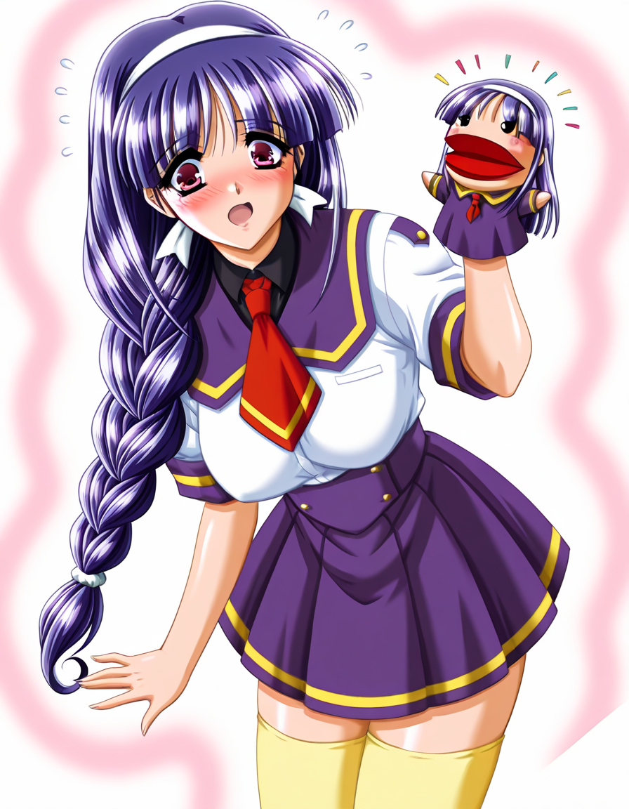masterpiece, best quality, amazing quality, very aesthetic, absurdres, official art, ultra detailed,
1girl, solo, iida_kaname, purple hair, long hair, hairband, braid, large breasts, gleaming skin BREAK school uniform, skirt, yellow thighhighs, embarrassed, looking at viewer, standing, hppt,hand puppet, happy aura simple background, white background, upper body <lora:hand_puppet_IL_v1:1> <lora:iida kaname v1.0-000015:1>