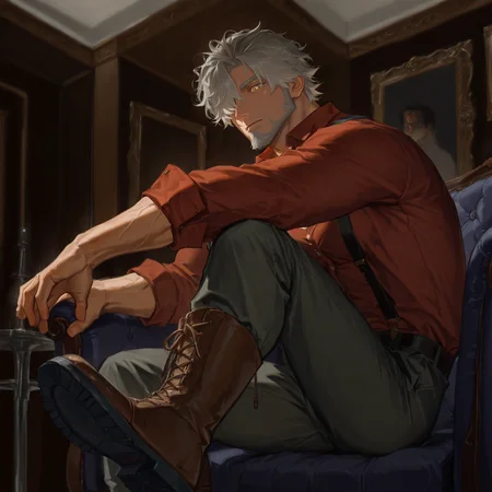 <lora:Wilhelm__Alchemist_Code-000004:.7>tagatamewilhelm, 1boy, middle hair, grey hair, hair over one eye, yellow eyes, goatee, collared shirt, long sleeve, pants, boots, exessive hair body
(very short hair, beard, bara, mature, facial hair, stubble, beard, full beard, sideburn, beard, a lot of beard, ), facial hair,male focus, muscular male, muscular male, bara, mature,  bara, mature, aixiwuganda_(20222192), very awa, masterpiece, best quality, absurdres, newest, perfect quality, detailed background, intricate details,
<lora:slider_Body Type_alpha1.0_rank4_noxattn_last:3><lora:style_Anime Summer Days 2 Style SDXL_LoRA_Pony Diffusion V6 XL:.6><lora:slider_cfg_scale_boost:.7><lora:Artist6p:.55>, Artist6p, Artist04p,<lora:slider_il_brightness_slider_d1:-1><lora:slider_il_contrast_slider_d1:-1><lora:slider_DarkSlider1.2_alpha1.0_rank16_full_300steps:-.6>
