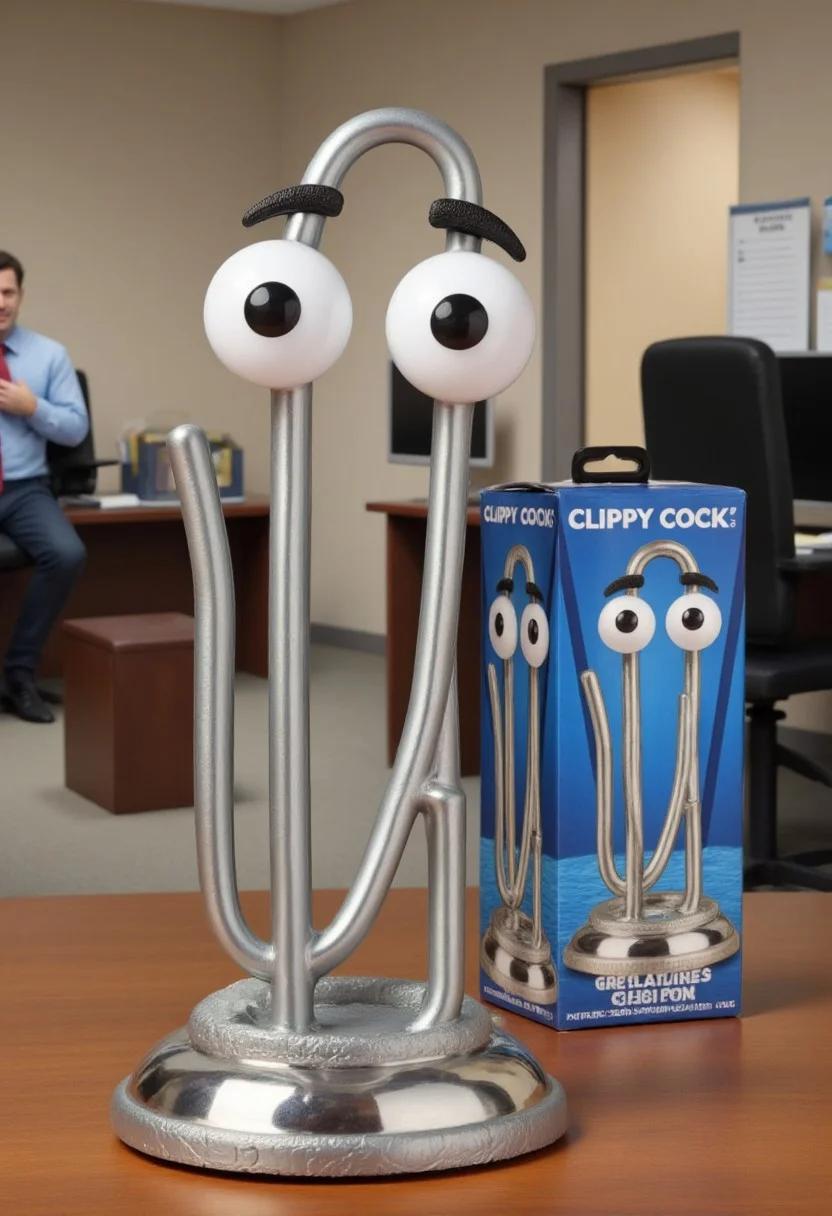 The image is a high-quality product advertisement for a realistic-looking, phallic-shaped sex toy called "Clippy Cock." The dildo has a phallic shape with a reflective silver appearance and is shaped like a paper clip. It stands on a chrome, round base that appears to be made of a rubbery material.  In the background, clippy with big eyes is in an office.