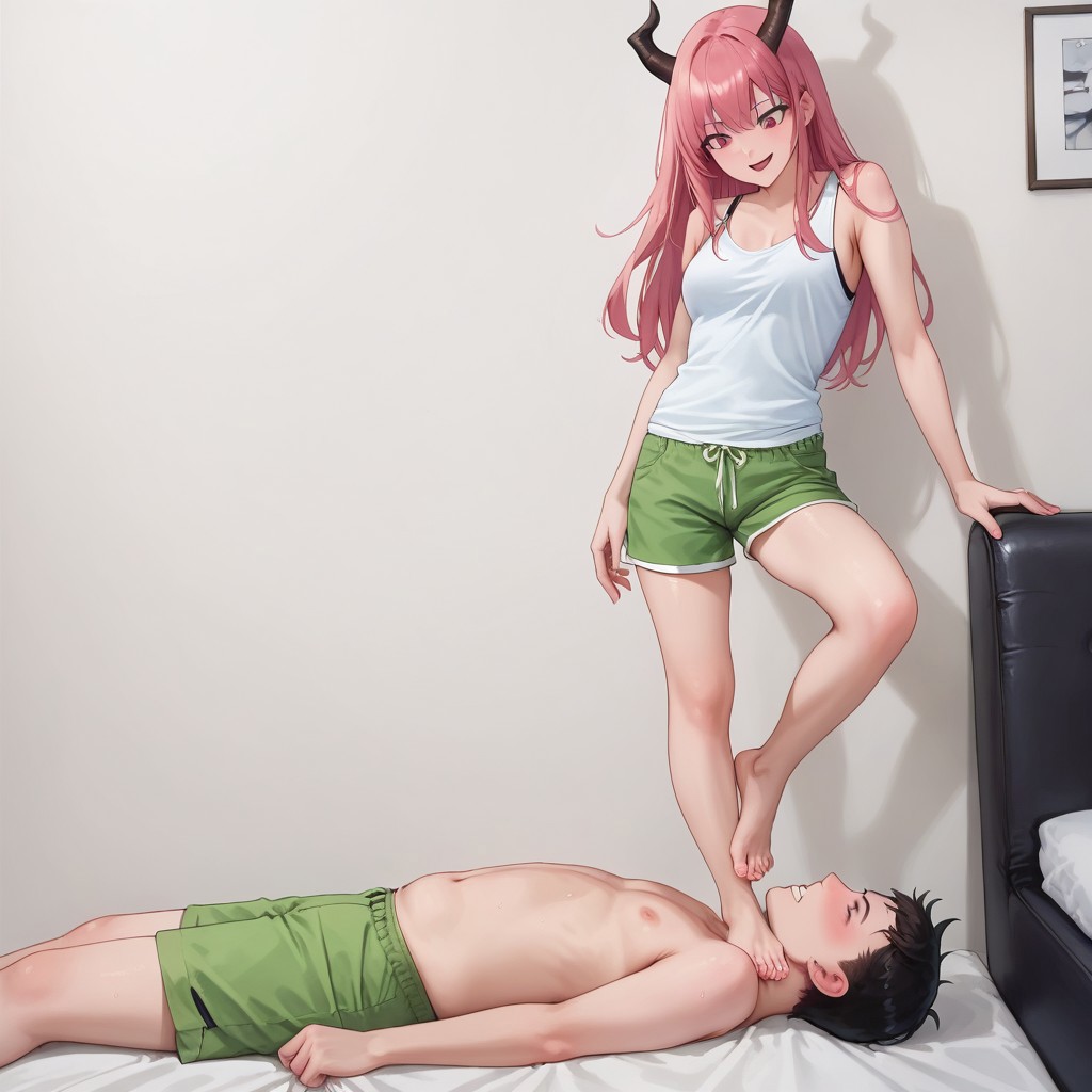 score_9,score_8_up,score_7_up,score_6_up,score_5_up,score_4_up,score_anime,
best quality ,absurdres, Cinematic Lighting, femdom, ThroatStanding, standing on throat, standing on neck, neck trample, trampling,  
1girl (lucy, long hair, pink hair, horns, pink eyes, shorts, tank top, green shorts, white tank top, skinny, athletic, skindentation, looking down, tramples with one foot, smile), 
BREAK 
1guy (lies face up, guy's face, submissive guy, writhing in pain, screams in pain, can't breathe),