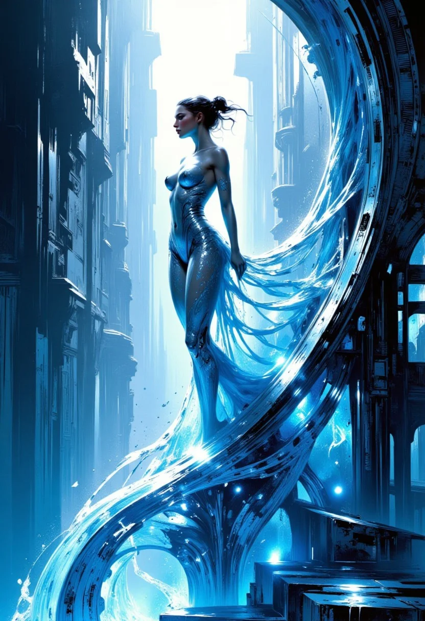 "A shimmering figure of a woman, composed entirely of flowing, translucent water, ascends a towering spiral of twisted glass. Her form is fluid and ethereal, with every movement sending ripples through her watery body, catching and reflecting the sunlight in sparkling patterns. The tower itself is a marvel of architecture, its twisted glass reflecting fragments of sky and light, creating a dizzying kaleidoscope around her as she climbs. The contrast between her fluid, ever-shifting shape and the rigid glass structure emphasizes her graceful yet determined ascent. Describe the mesmerizing interplay of light and water as her form melds with the reflections on the glass, capturing the surreal beauty of the moment