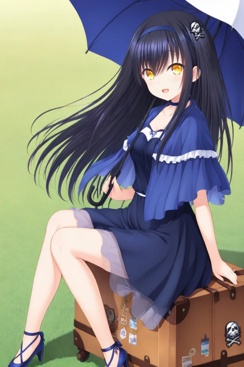 masterpiece,best quality,amazing quality,highres,scenery,newest,1girl,official style,kamome,long hair,yellow eyes,hair ornament,hairband,black hair,skull hair ornament,hair between eyes,kamome black,dress,capelet,collarbone,choker,blue capelet,floating hair,blue dress,blue hairband,blue footwear,pumps,high heels,((1suitcase)),<lora:summerpockets-kamome-V1:1>,looking at viewer,outside,sitting,smile,from side,(sitting on suitcase),holding umbrella,shadow,wind,grass,open mouth,