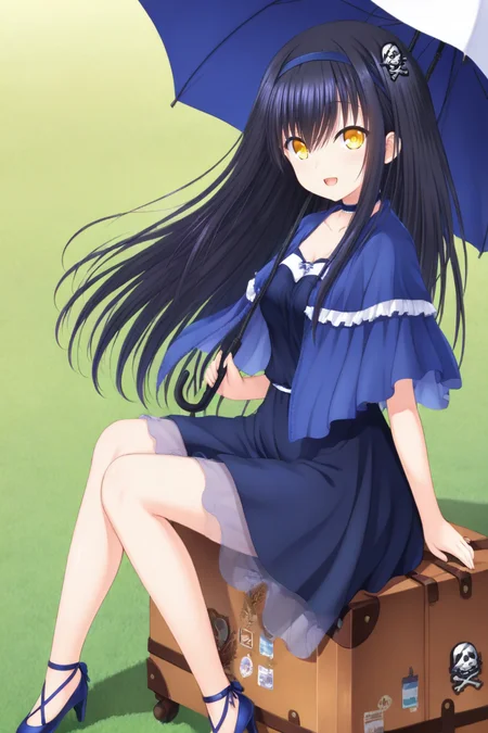 masterpiece,best quality,amazing quality,highres,scenery,newest,1girl,official style,kamome,long hair,yellow eyes,hair ornament,hairband,black hair,skull hair ornament,hair between eyes,kamome black,dress,capelet,collarbone,choker,blue capelet,floating hair,blue dress,blue hairband,blue footwear,pumps,high heels,((1suitcase)),<lora:summerpockets-kamome-V1:1>,looking at viewer,outside,sitting,smile,from side,(sitting on suitcase),holding umbrella,shadow,wind,grass,open mouth,