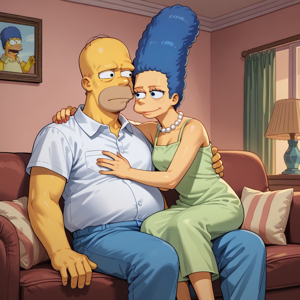 score_9, score_8, score_7, break, mh_together, (1girl, marge, blue hair, pearl necklace, dress), (1boy, homer, bald, shirt, pants), sitting, sofa, cuddle