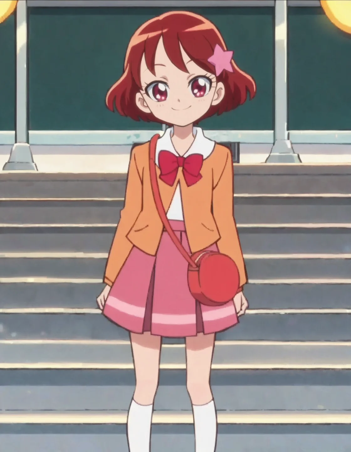 score_9, score_8_up, score_7_up, anime screencap, solo,1girl skirt, school uniform, short hair, smile, star hair ornament,  red hair, bag, kneehighs, pink skirt, red eyes, brown hair,  looking at viewer, cowboy shot, <lora:kenjoumiku:0.8>