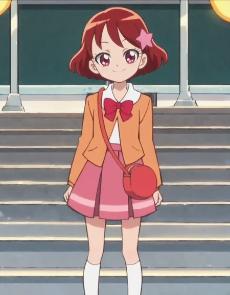 score_9, score_8_up, score_7_up, anime screencap, solo,1girl skirt, school uniform, short hair, smile, star hair ornament, red hair, bag, kneehighs, pink skirt, red eyes, brown hair, looking at viewer, cowboy shot, <lora:kenjoumiku:0.8>