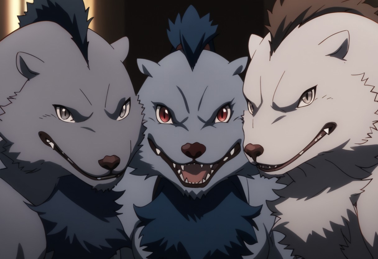 quagoa, anthro, furry, fur, male, no humans, red eyes, looking at viewer, fangs, open mouth, teeth, looking at another, tongue, sharp teeth, (grey fur, common quagoas), blue fur, brown fur, grey eyes, 3boys, trio, masterpiece, ultra detailed, high quality, score_9, score_8_up, score_7_up, score_6_up