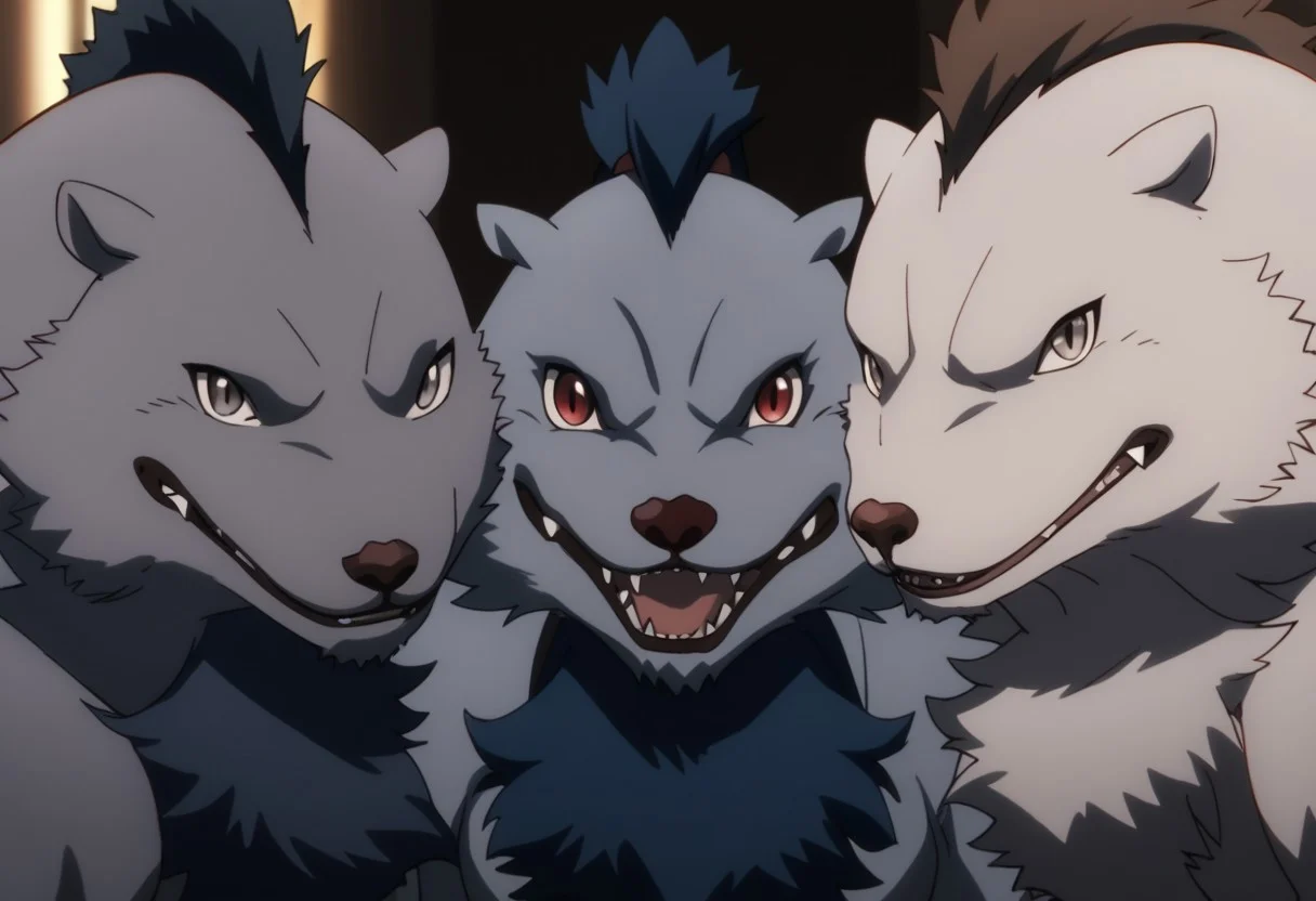 quagoa, anthro, furry, fur, male, no humans, red eyes, looking at viewer, fangs, open mouth, teeth, looking at another, tongue, sharp teeth, (grey fur, common quagoas), blue fur, brown fur, grey eyes, 3boys, trio, masterpiece, ultra detailed, high quality, score_9, score_8_up, score_7_up, score_6_up