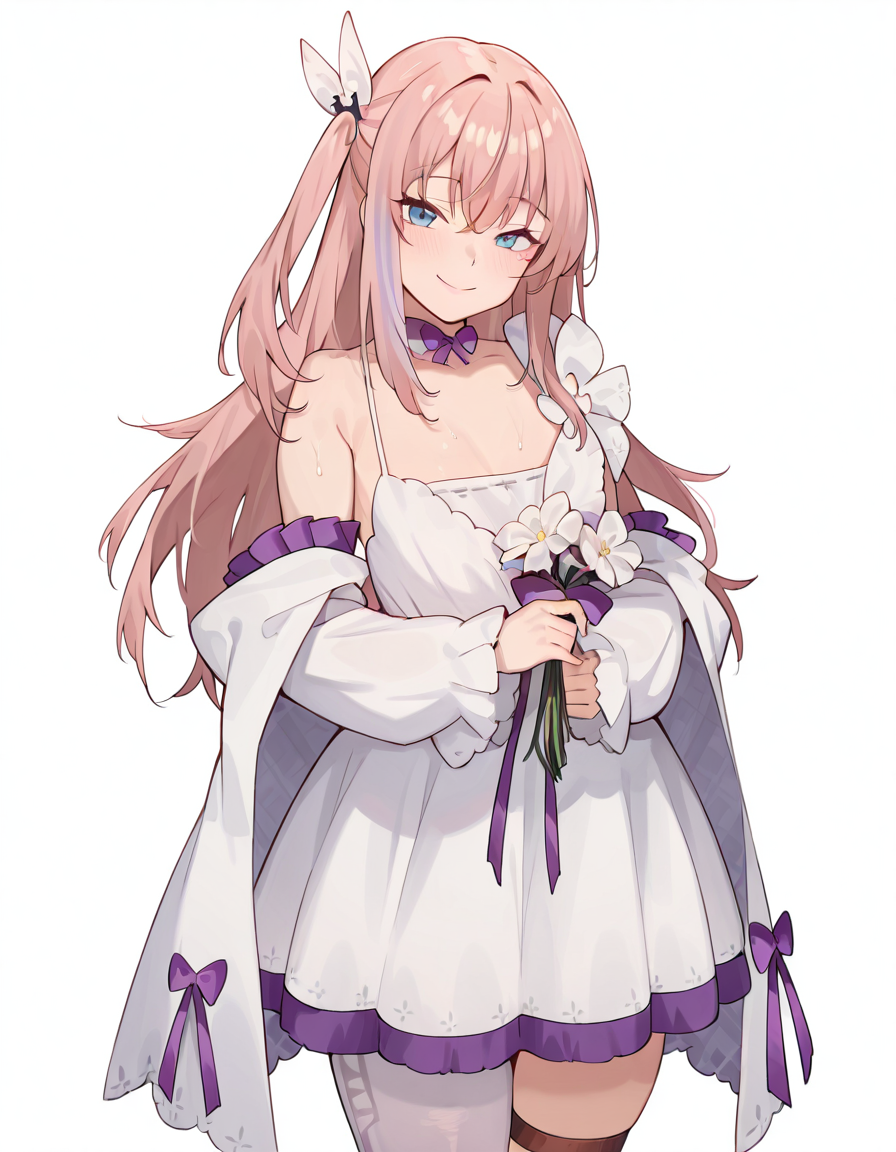 Volumetric Lighting, (masterpiece), (best quality), (ultra-detailed), masterpiece, source_anime, score_9, score_8_up, score_7_up BREAK, illustration, disheveled hair, detailed eyes, perfect composition, moist skin, intricate details BREAK, pink hair, blue eyes, long hair, one side up,streaked hair, small breast BREAK, TopHatDriftingToFlower, THDF_dress, THDF_detached_sleeves, THDF_dress_flower, mismatched legwear, THDF_single_thighhigh, THDF_thigh_strap BREAK, ((white background)), looking at viewer,smile,upper body, thighs, holding flower, flower
