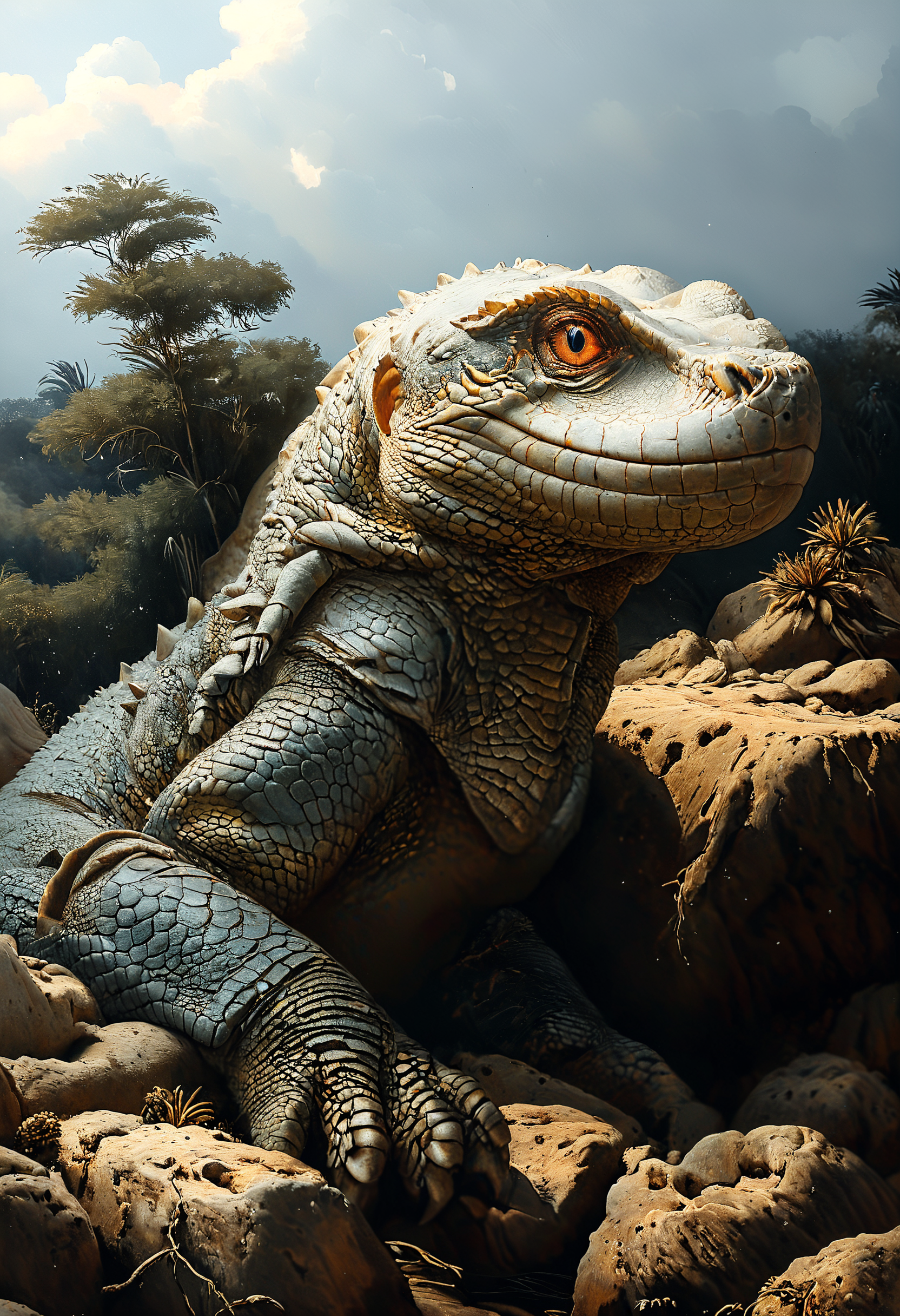 <lora:Mythical_Beasts:0.8> fmb Nile Monitor,  <lora:MJ52:0.8>, Overcast Light, <lora:IPXL_v8:0.7> inkpunk style <lora:The_Classic:0.8>