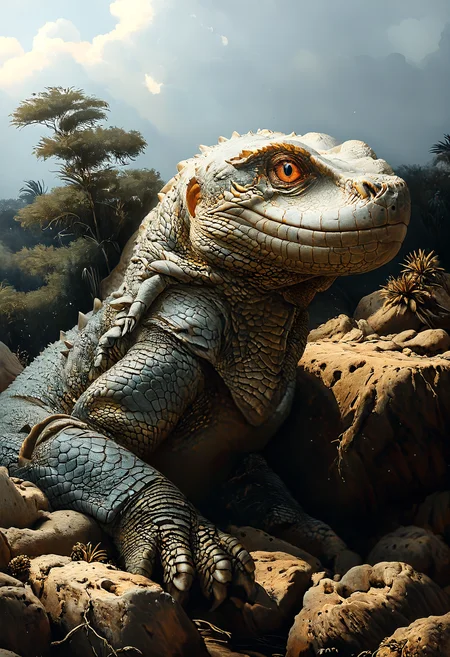 <lora:Mythical_Beasts:0.8> fmb Nile Monitor,  <lora:MJ52:0.8>, Overcast Light, <lora:IPXL_v8:0.7> inkpunk style <lora:The_Classic:0.8>