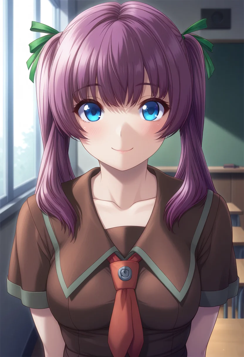 masterpiece, best quality, amazing quality, 1girl, solo, (portrait:1.2), sayakaww, blue eyes, purple hair, long hair, twintails, hair ribbon, medium breasts, school uniform, brown serafuku, collarbone, brown shirt, short sleeves, red necktie, looking at viewer, smile, indoors, day, skindentation, detailed clothing folds, depth of field, sharp, high contrast, dynamic light <lora:Ichinose_Sayaka_Yuumei_Sakai_o_Koto_ni_Suru_ill:0.9>