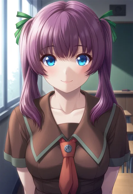 masterpiece, best quality, amazing quality, 1girl, solo, (portrait:1.2), sayakaww, blue eyes, purple hair, long hair, twintails, hair ribbon, medium breasts, school uniform, brown serafuku, collarbone, brown shirt, short sleeves, red necktie, looking at viewer, smile, indoors, day, skindentation, detailed clothing folds, depth of field, sharp, high contrast, dynamic light <lora:Ichinose_Sayaka_Yuumei_Sakai_o_Koto_ni_Suru_ill:0.9>