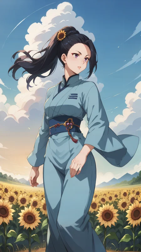 score_9,score_8_up,score_7_up,score_6_up, source_anime, zPDXL, <lora:xl_more_art-full_v1:0.5>, <lora:Wakfu_CartoonV02:0.5>, woman, long hair, black hair, ponytail, hairpin, purple eyes, blue kimono, blue obi, <lora:Sairitz Kahara - Pony-000004:0.8>, twirling pose, field, pedals, wind, sunset, open field, sunflower, colorful sly, clouds,