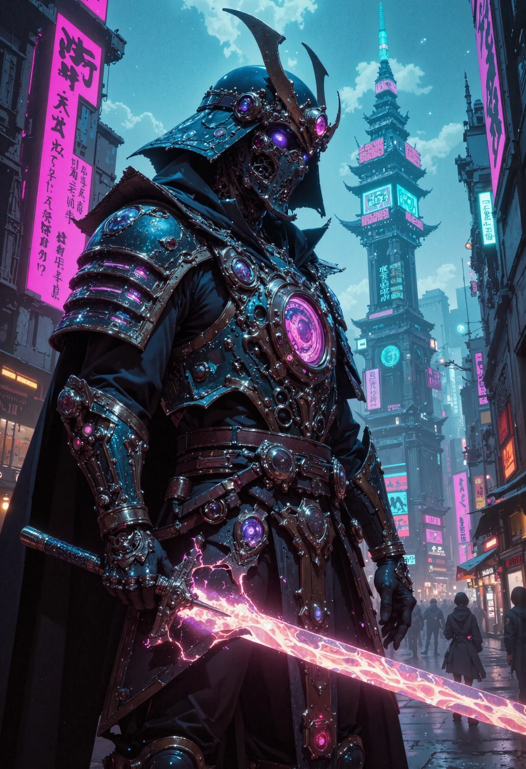 masterpiece, high-quality, A futuristic warlord in sleek samurai-inspired armor adorned with neon circuitry. His cyber-katana blazes with crackling energy, illuminating a cityscape of towering holographic pagodas. From a slightly low-angle shot, we see neon reflections dancing on his polished armor as digital kanji flicker across the sky. hyperdetailed, refined details, best quality, high resolution, <lora:FLUX\Anime v1.3:0.5> <lora:FLUX\MoriiMee_Gothic_Niji_Style_FLUX:0.6> <lora:FLUX\DarksunRiddV4:0.5> <lora:FLUX\PrismaticPersona:0.4>