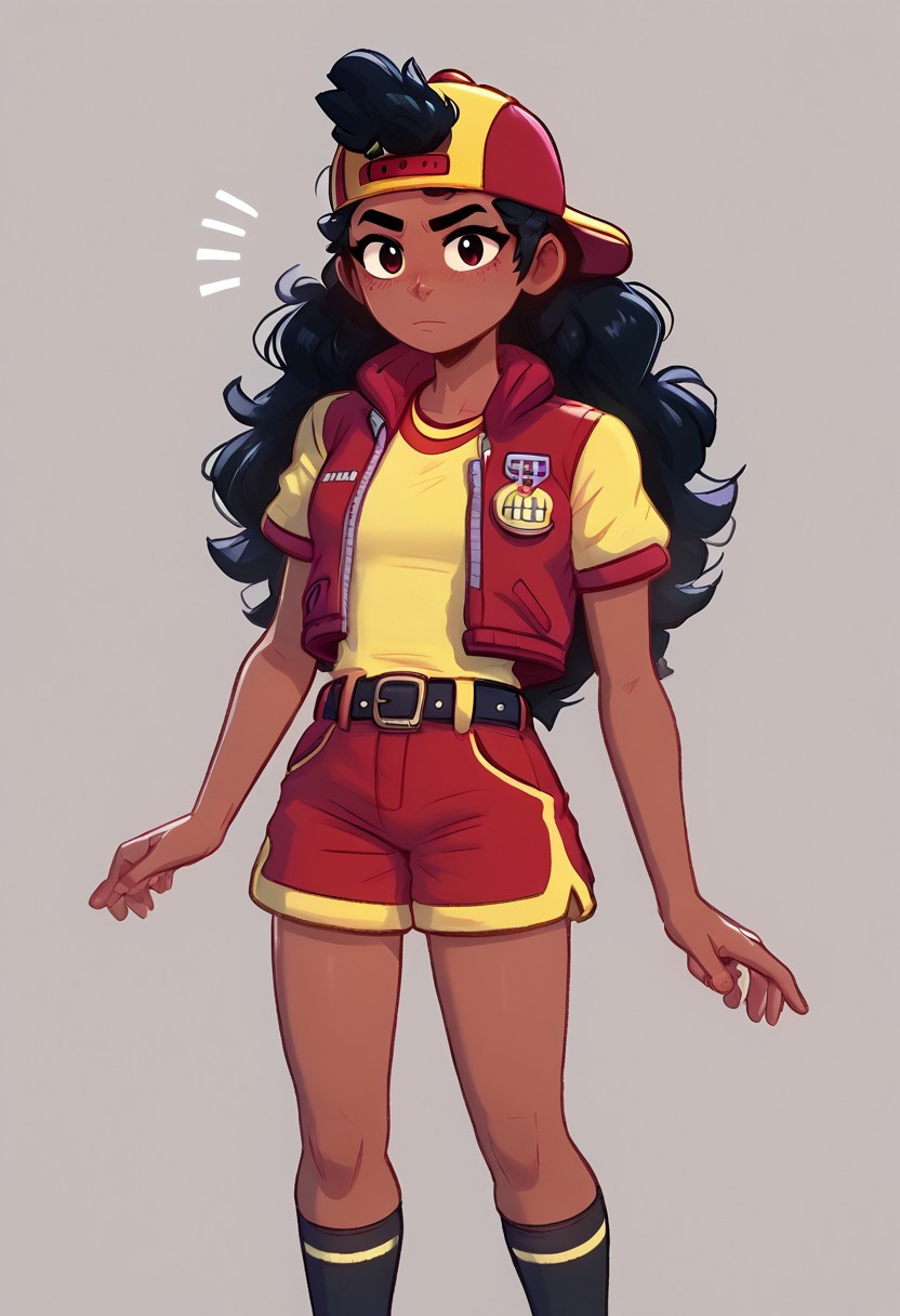 score_9, score_8_up, score_7_up,  <lora:bsmeg:1> bsmeg , dark skin, dark-skinned female, black hair, long hair,  , baseball cap, backwards hat, red jacket, yellow shirt, short sleeves, belt, red shorts, black socks ,
<lora:fluffylewdsai:1> , fluffylewdsai,
 ,  solo , simple background, looking at view