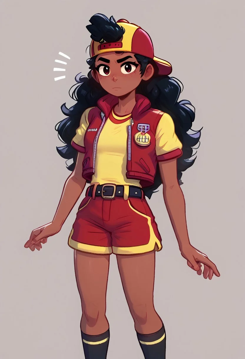 score_9, score_8_up, score_7_up, <lora:bsmeg:1> bsmeg , dark skin, dark-skinned female, black hair, long hair, , baseball cap, backwards hat, red jacket, yellow shirt, short sleeves, belt, red shorts, black socks ,
<lora:fluffylewdsai:1> , fluffylewdsai,
, solo , simple background, looking at view