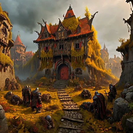 Surreal horror style by Pawel Kuczynski and Joan Miro and Bridget Bate Tichenor and Arthur Secunda,Warhammer Fantasy Renaissance Medieval Horror Roleplay,A once-grand dwarven city, now crumbling and overgrown with vines, is shrouded in a thick fog. The sky is a sickly yellow, and the air is filled with the stench of decay. Dwarven warriors, their faces contorted in agony, have been transformed into monstrous creatures, their eyes glowing with an unnatural red light. The scene is a testament to the power of the curse and the desperation of the dwarven people. Use a dark, gritty style reminiscent of Warhammer's battle-scarred landscapes, dark, chiaroscuro, low-key, ral-sld ,art_booster