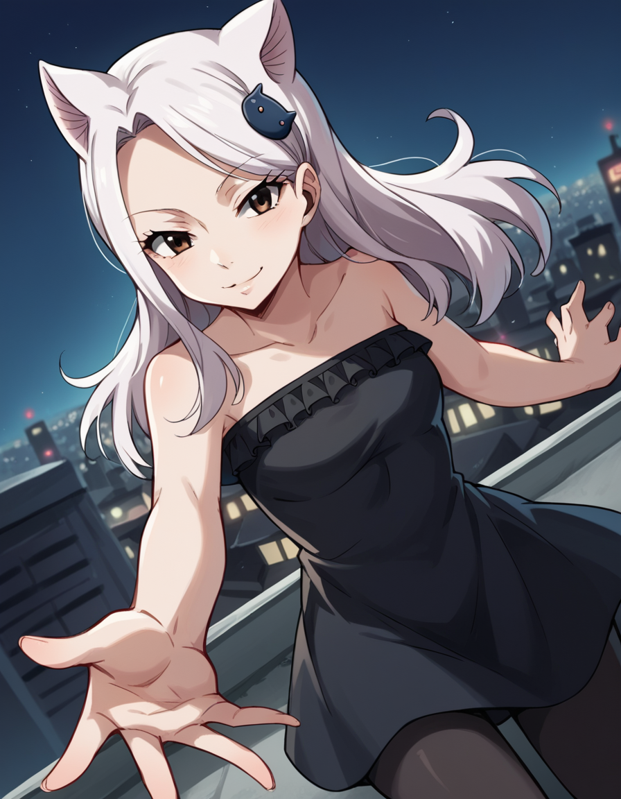 score_9, score_8_up, score_7_up, source_anime, <lora:fairytail-carla-anime-ponyxl-lora-nochekaiser:1>, fairy tail carla, long hair, hair ornament, animal ears, brown eyes, white hair, cat ears,, dress, pantyhose, black dress, black pantyhose, frills, bare shoulders, collarbone,, city skyline, rooftop view, night time, city lights, quiet reflection, smile, looking at viewer, hand reaching out, solo,, cowboy shot, dutch angle