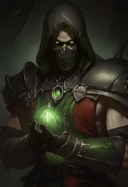 score_9, score_8_up, score_7_up, score_6_up, score_5_up, score_4_up, masterpiece, perfect face, perfect eyes, ArsMJStyle, dnddarkestfantasy
Mortal Kombat Style, solo, gloves, 1boy, male focus, cowboy shot, belt, fingerless gloves, red armor, black mask, shoulder armor, black gauntlets, black hood up, pauldrons, sheathed, black vambraces, single pauldron, sinister atmosphere,
green flowing soul energy emitting on hands, background (demonic lair with green hints, green flowing waterfall with green souls), sexy guy, (((Mortal Kombat Style))), mature male, serious, serious look, ((half body shot:1.5)), front view, male focus, looking at viewer,