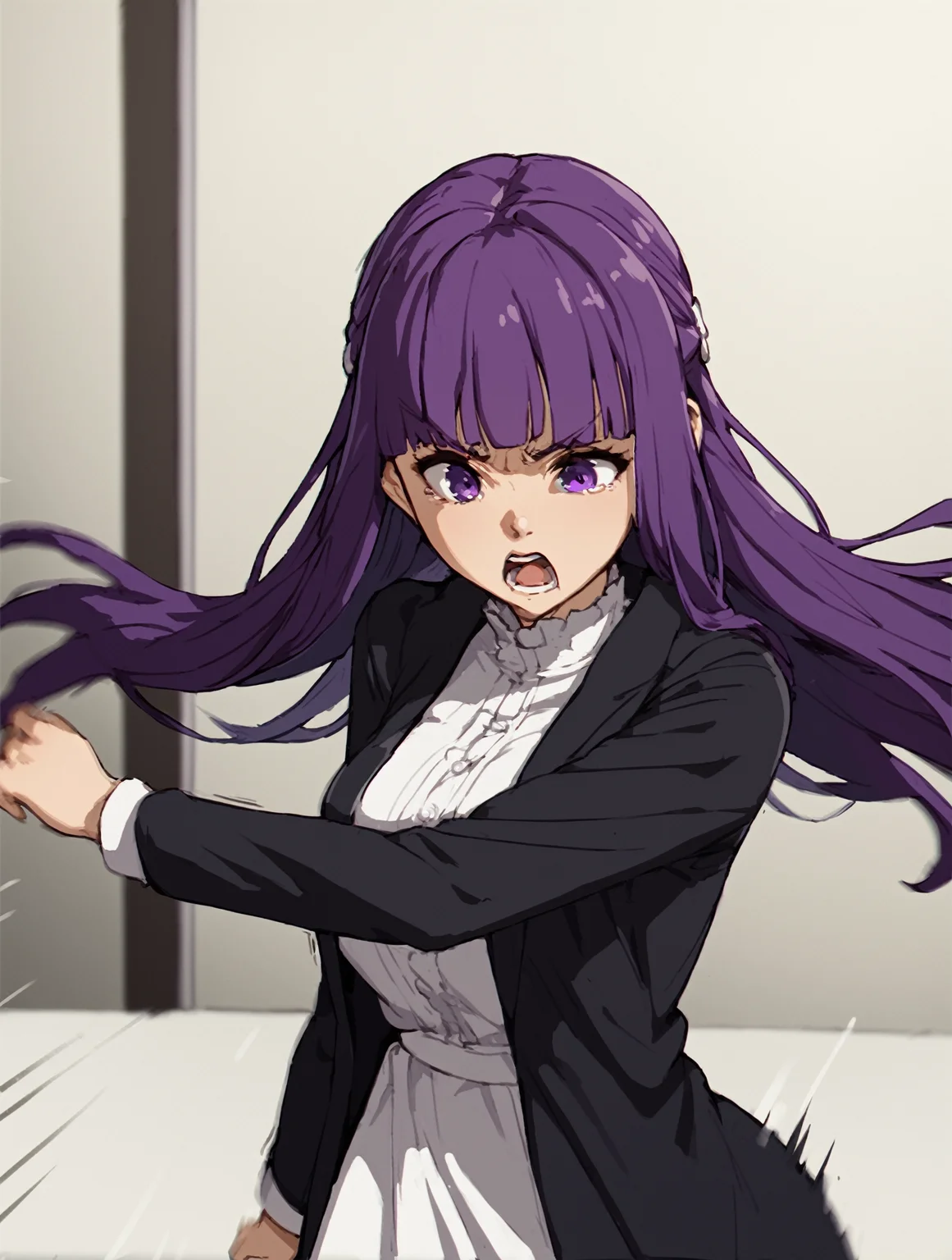 score_9, score_8_up, score_7_up,
(motion lines), (motion blur),
angry,
<lora:brj-fern-pony-v0.5:0.9> fern \(sousou no frieren\), large breasts, long hair, purple hair, half updo, blunt bangs, purple eyes, , open robe, long dress,