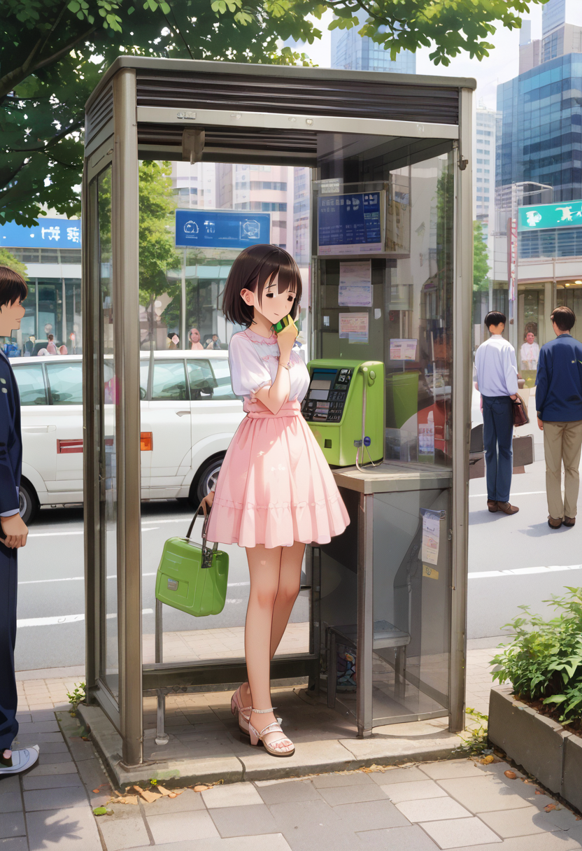 score_9, score_8_up, score_7_up, rating_safe, masterpiece, best quality, absurdres, unity 8k wallpaper, official art, official style, source_anime, uncensored, game cg, megami magazine,
telephone box, tree, motor vehicle, outdoors, multiple girls, bag, multiple boys, day, car, building, real world location, holding, phone, city, short hair, handbag, black hair, scenery, shirt, brown hair, skirt
 <lora:DenwaBoxJP_PONY_V1:1>