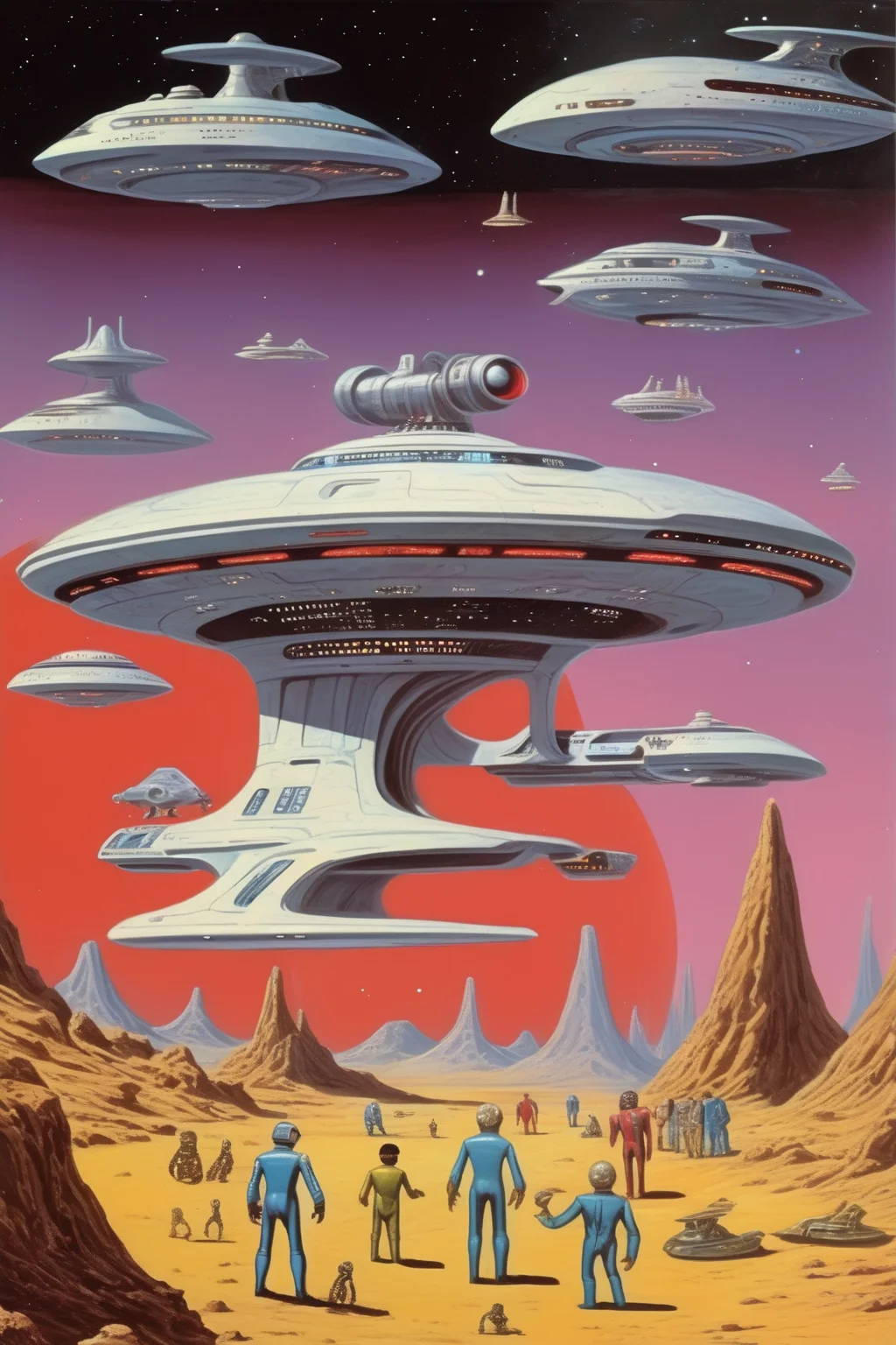 <lora:Angus McKie Style:1>Angus McKie Style - star trek characters robots and alien creatures, star ships.