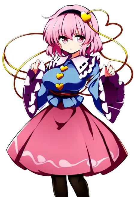 baba style, ((white background)), 1girl, solo, (standing), (posing), (looking at viewer), (145), tired, ((komeiji satori)), (pink eyes), (short hair), (pink hair), ((large breasts)), black hairband, hair ornament, heart hair ornament, third eye, blue shirt, long sleeves, wide sleeves, frilled sleeves, frilled shirt collar, pink skirt, frills, ((black pantyhose)), legs