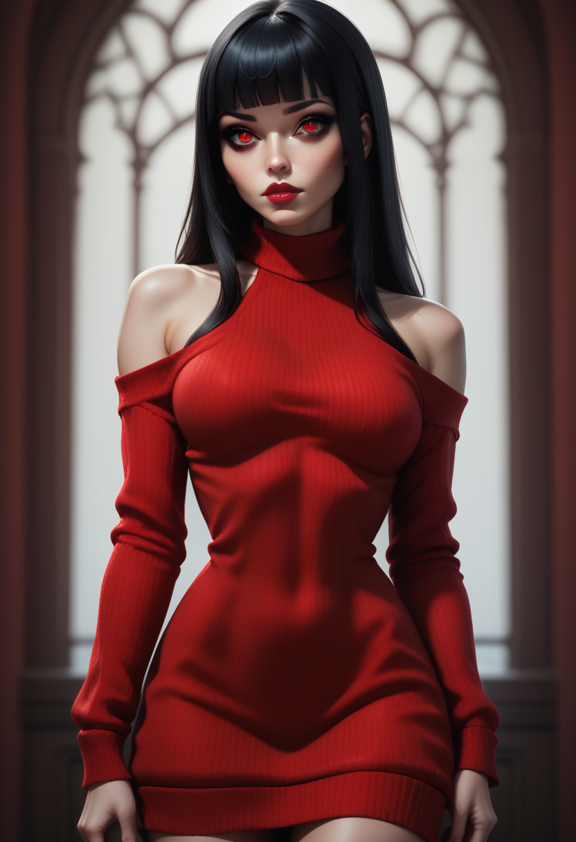 score_9, score_8_up, score_7_up, 1girl, solo, sexy sweater dress, red dress, long sleeves, bare shoulders, <lora:Dark_Ruby_Pony_v0.1:0.5> d4rk_ruby, black hair, blunt bangs, red eyes,