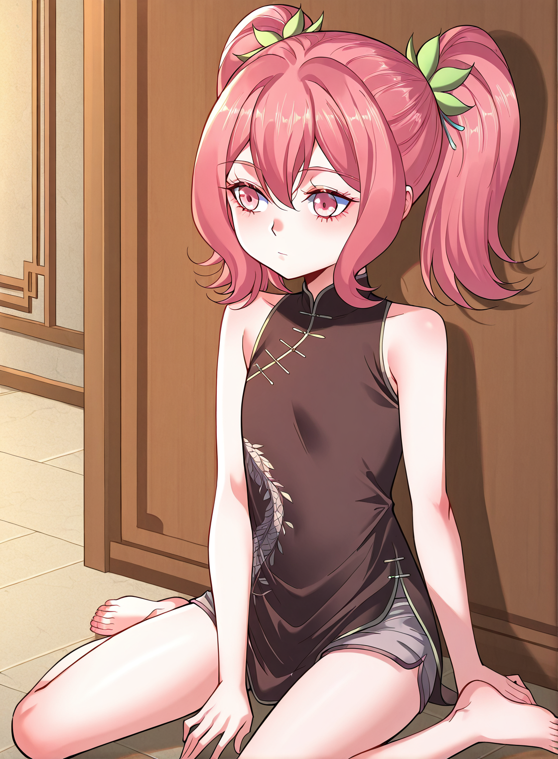 <lora:Yao_Yao:1>
1 girl, solo, pink eyes, pink hair, ponytail, hair between eyes, bangs, twintails, médium hair, sidelocks, child, famale child
chinese clothes, black dress, sleeveless dress, hair ormanent, bare shoulders, barefoot, leaf hair ornament, bare arms, short shorts, grey shorts
