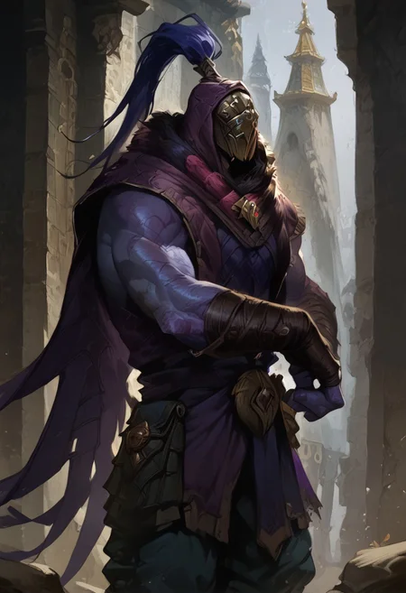 (((beautiful, high quality, masterpiece))), score_9, score_8_up, score_7_up, highly detailed, perfect eyes, perfect face, BREAK, 1male, solo, Jax, purple skin, hood, mask, monastery, pose