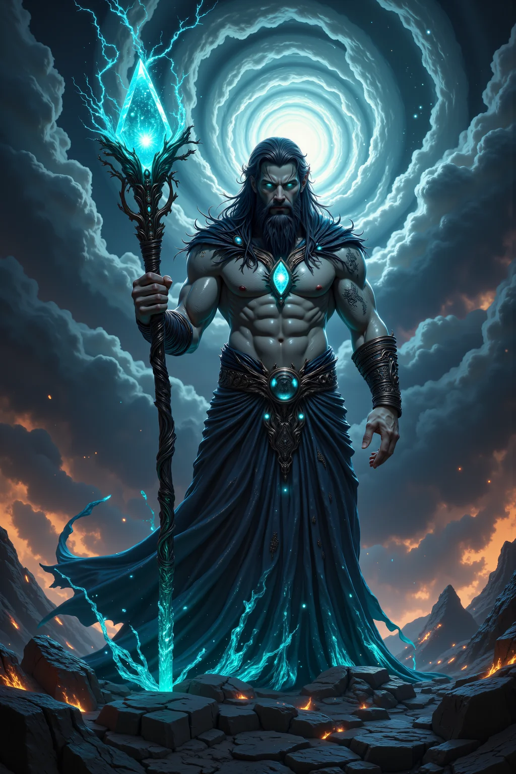 A cyclopean mage, his single eye glowing a brilliant turquoise, stands with one hand raised toward a swirling vortex of magic above him. His ashen-gray skin is marred with glowing runes that pulse in time with his heartbeat, each one etched deep into his muscular arms and chest. His long, unkempt black hair falls wildly around his shoulders, framing his broad, stern face. He grips a twisted staff carved from obsidian, its tip crowned with a pulsating crystal that crackles with raw arcane energy. The ground around him is scorched, covered in strange symbols etched into the earth, radiating power. Behind him, the sky is filled with dark storm clouds, swirling with unnatural energy that mirrors the chaos in his single, unblinking eye. His mouth is set in a grim line as he channels the magic, sweat trickling down his forehead. The faint hum of power fills the air, mingling with the distant crackle of lightning. His towering figure looms over the landscape, a master of elemental forces, commanding the very sky itself.<lora:PinkieEnchantedMJFLUX:0.7><lora:aidmaImageUpgrader-FLUX-V0.2:0.5><lora:aidmaMJ6.1-FLUX-v0.4:0.6>