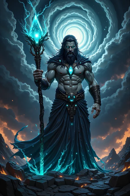 A cyclopean mage, his single eye glowing a brilliant turquoise, stands with one hand raised toward a swirling vortex of magic above him. His ashen-gray skin is marred with glowing runes that pulse in time with his heartbeat, each one etched deep into his muscular arms and chest. His long, unkempt black hair falls wildly around his shoulders, framing his broad, stern face. He grips a twisted staff carved from obsidian, its tip crowned with a pulsating crystal that crackles with raw arcane energy. The ground around him is scorched, covered in strange symbols etched into the earth, radiating power. Behind him, the sky is filled with dark storm clouds, swirling with unnatural energy that mirrors the chaos in his single, unblinking eye. His mouth is set in a grim line as he channels the magic, sweat trickling down his forehead. The faint hum of power fills the air, mingling with the distant crackle of lightning. His towering figure looms over the landscape, a master of elemental forces, commanding the very sky itself.<lora:PinkieEnchantedMJFLUX:0.7><lora:aidmaImageUpgrader-FLUX-V0.2:0.5><lora:aidmaMJ6.1-FLUX-v0.4:0.6>