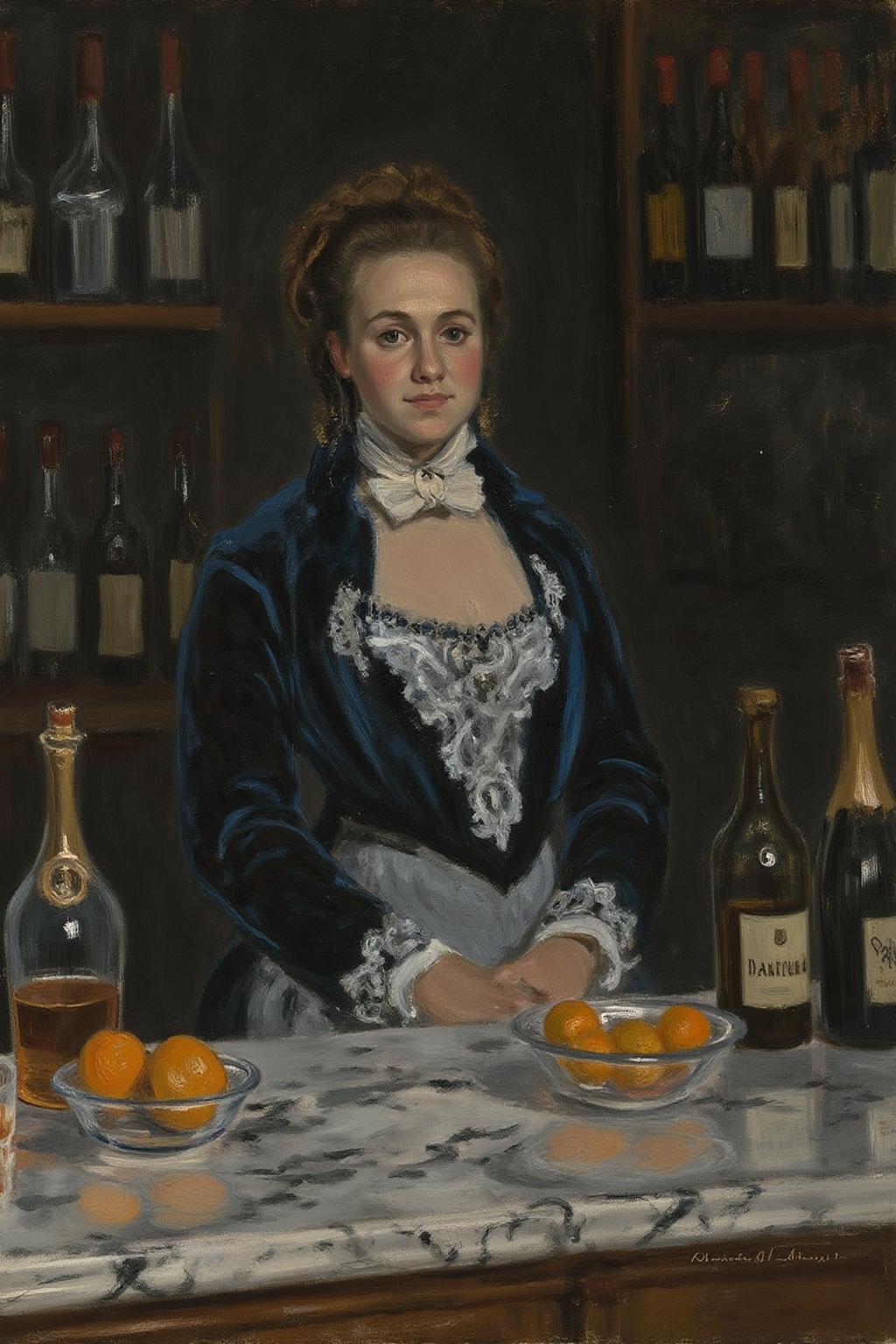 claudemonet1 painting. edmanet1. A 19th-century bar with a young barmaid standing behind a lavish marble counter. She has light brown hair styled in a bob and is dressed in a lavish, dark blue velvet dress with intricate white lace trim and a low-cut bodice. The counter is adorned with bottles of wine, champagne, and a glass bowl filled with oranges. <lora:claudemonet1_cap_d8a4e12:1.0><lora:843595129848694811:0>