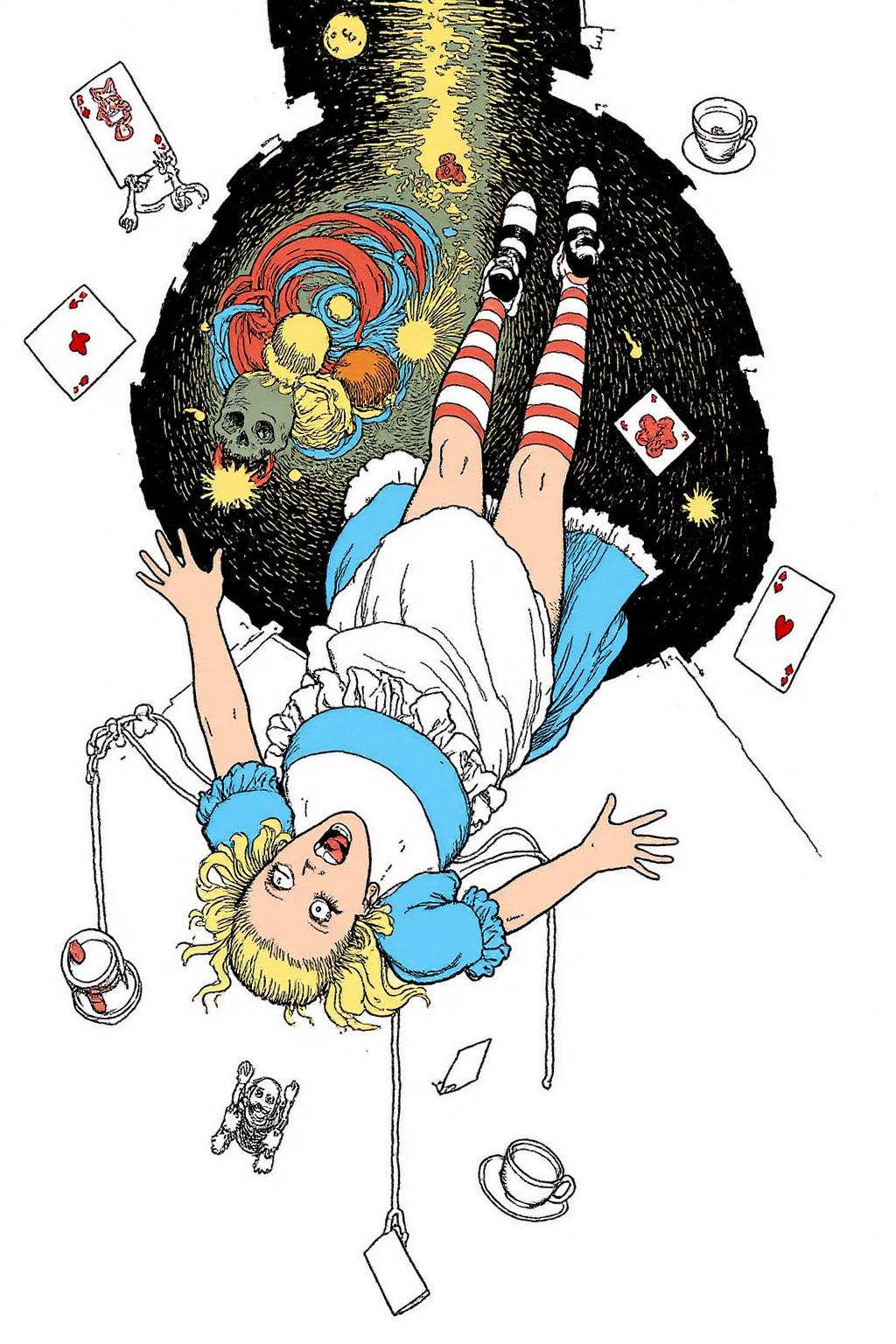 whrob1 illustration.
Overhead view of Alice in Wonderland falling into the rabbit hole, with her legs dangling beneath her. She is looking upward, her face filled with shock and terror as she screams. Her blue dress and white apron billow out around her as she tumbles, while her striped stockings and black shoes are visible below. The rabbit hole is a swirling, chaotic mix of vibrant colors, playing cards, teacups, and other Wonderland objects floating around her. Soft glowing light emanates from the tunnel walls, adding an eerie, fantastical feel to the scene. The sense of motion and fear is palpable as Alice falls deeper into the unknown. The background is stark white. <lora:whrob1_cap_d6a3e11:1.0><lora:828469603651943758:0>