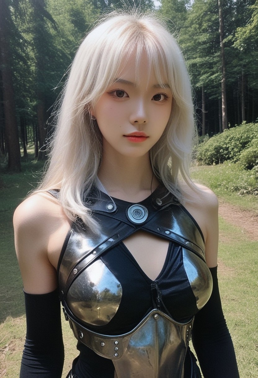 score_9, score_8_up, score_7_up, score_6_up, krgrl, korean girl, cute korean girl, photo, grainy, amateur, lowres, 2000s nostalgia, webcam photo, flash, 1girl, beautiful, white hair, long hair, bangs, fair skin, big breasts, leather armor, sword, forest, dappled sunlight, upper body, looking at viewer