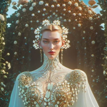 portrait of a beautiful karlie kloss who is a fashion model surrounded of flowers from another planet, translucent plants, Andrey Remnev, Bridget Bate Tichenor, rococo, god light, cinematic, 35mm, 8k, fantasy, many details, much lightful, dream-like, masterpiece, detailed face, fantasy art, majestic, elegant, ornate, appealing, hypermaximalist, paradise, award winning photography, no watermark, trending on artstation --v 5