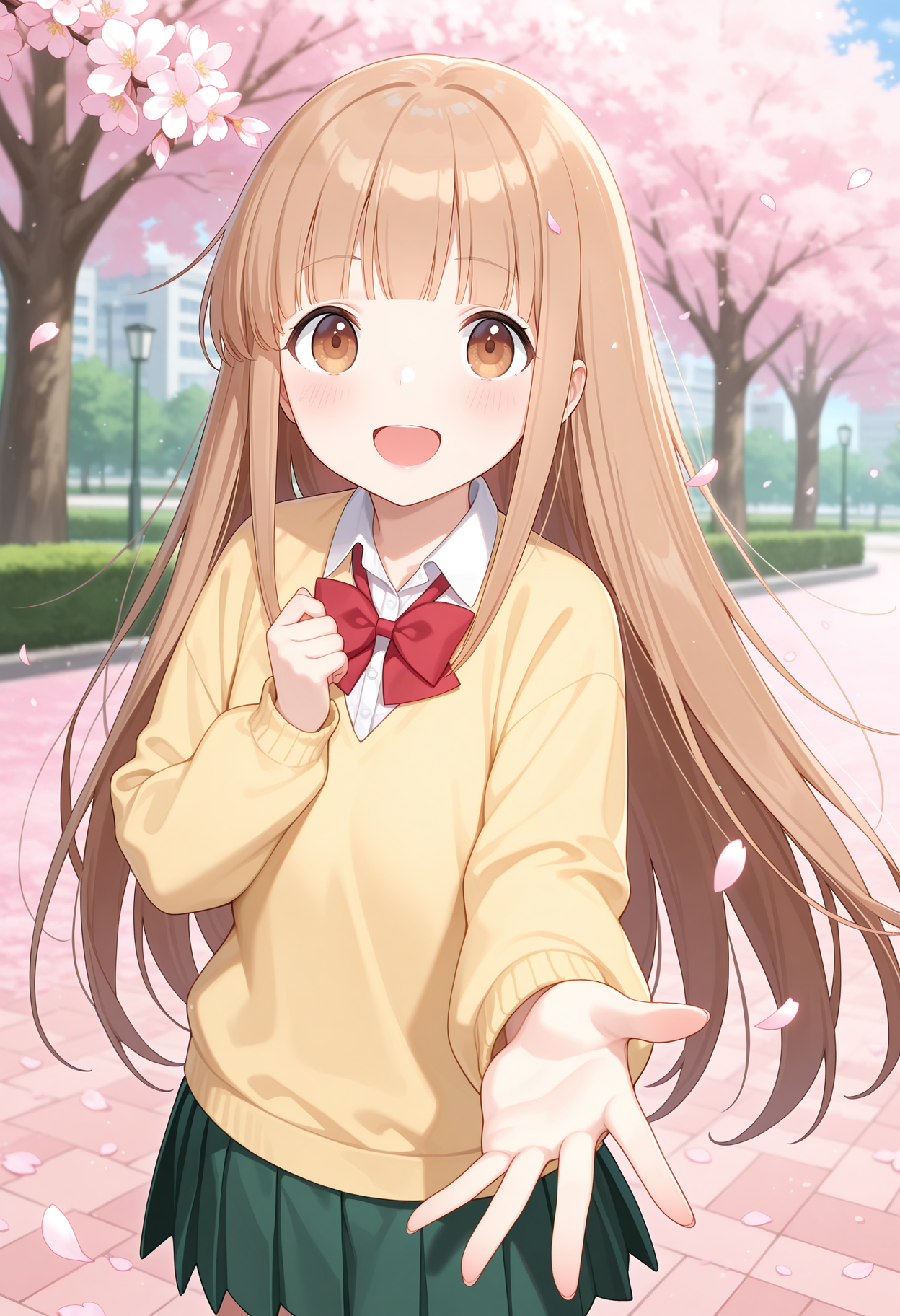 best quality, masterpiece, 1girl, aamiyano, long hair, brown hair, blunt bangs, brown eyes, school uniform, red bowtie, collared shirt, white shirt, yellow sweater, long sleeves, pleated skirt, green skirt, <lora:miyano_(tanakeda)_ilxl_v1:0.9>, standing, cowboy shot, park, smile, open mouth, reaching, petals,