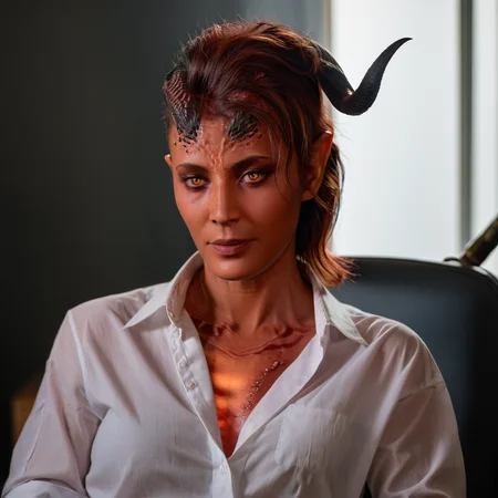 A professional photo, realistic, detailed, Karlach, red skin, horn, female, glowing eyes, wearing a white shirt, in interview, high quality, cinematic <lora:karlach_xl-000090:1>
